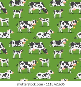 Vector cartoon style seamless pattern with cows with calfs grazing at the meadow. Green background.