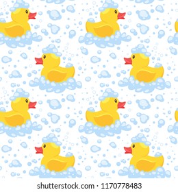 Vector cartoon style seamless pattern with yellow rubber duck on white background.