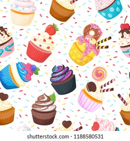 Vector cartoon style seamless pattern with sweet cupcake. Yummy dessert decorated with doughnut, candies and pink icing on white background.