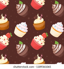 Vector cartoon style seamless pattern with sweet cupcake. Yummy dessert decorated with strawberry and chocolate cream.