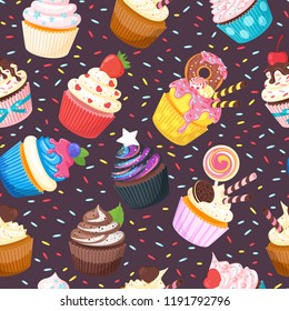 Vector cartoon style seamless pattern with sweet cupcake. Yummy dessert decorated with doughnut, candies and pink icing on dark background.