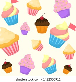 Vector cartoon style seamless pattern with sweet cupcake. Yummy dessert muffins decorated with cherry, pink icing and small red flags on beige background.