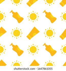 Vector cartoon style seamless pattern background with cute bottles, tubes of sunscreen and sun for summer design.