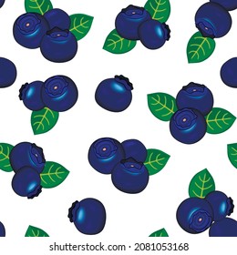 Vector cartoon style seamless pattern with blueberry fruits and leaves.Wallpaper with juicy berries  on a white background.Vintage botanical print with fruits and foliage for textile,fabric,cover.