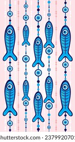 Vector cartoon style seamless pattern background with variety of turkish blue eye-shaped amulets fish, nazar talismans.