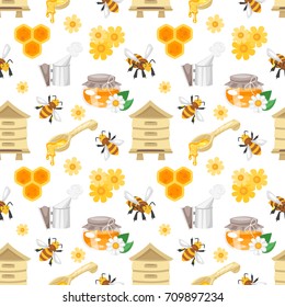 Vector cartoon style seamless pattern with honey and apiary symbols on white background.