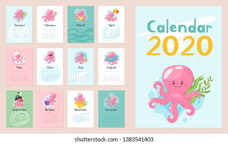 Vector cartoon style set of 2020 year calendar pages with cute pink octopus character. Template for print. Vertical layout.