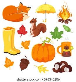 Vector cartoon style set of autumn symbols: fox, pumpkin, yellow boots and others. Icon for web. Isolated on white background.