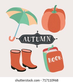 Vector cartoon style set of autumn mood symbols: opened umbrella, rubber boots, book, pumpkin in vitage colors. Isolated Elements for print, ngreeting invitation card, poster design