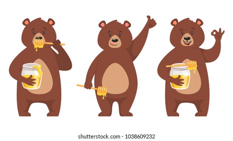 Vector cartoon style set of bear character eating sweet honey showing a okay hand sign. Isolated on white background. Ok gesture.