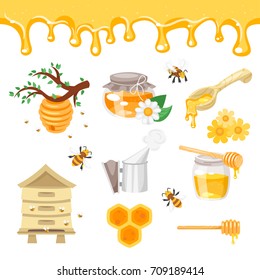 Vector cartoon style set of beekeeping and honey illustrations. Isolated on white background.