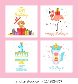 Vector cartoon style set of birthday greeting cards with cute animals and festive symbols. Isolated on white background. Template for postcard for print.