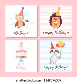 Vector cartoon style set of birthday greeting cards with cute animals and festive symbols. Isolated on white background. Template for postcard for print.