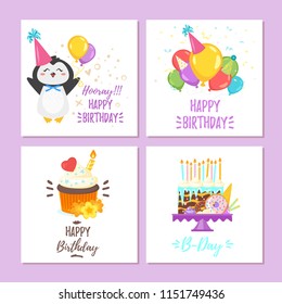 Vector cartoon style set of birthday greeting cards with cute animals and festive symbols. Isolated on white background. Template for postcard for print.