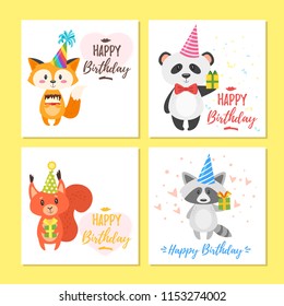 Vector cartoon style set of birthday greeting cards with cute animals and festive symbols. Isolated on white background. Template for postcard for print.