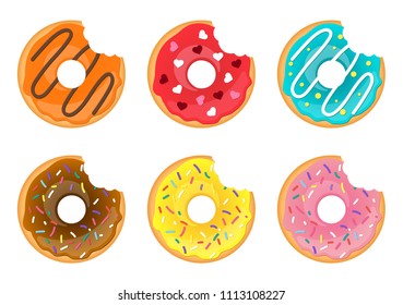 Vector cartoon style set of bitten doughnuts. Colorful snack. Isolated on white background.