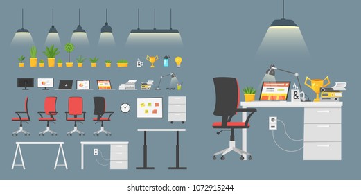 Vector cartoon style set of business workplace elements. Items to build your own office. Isolated on white background.