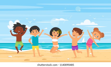 Vector cartoon style set of children in swim suits. Summer season. Kids of different nationalities.