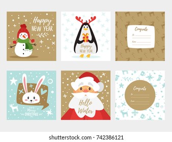 Vector cartoon style set of Christmas and New Year greeting card with cute white bunny, Santa Claus and snowman. 