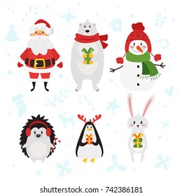 Vector cartoon style set of Christmas and New Year characters: cute white bunny, Santa Claus and snowman. Isolated on white background.