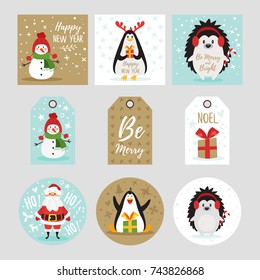 Vector cartoon style set of Christmas and New Year greeting cards and tags with cute holiday characters and symbols: penguin with reindeer horns, snowman and white bunny. 