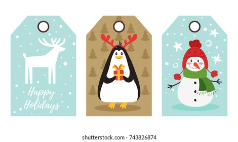 Vector cartoon style set of Christmas and New Year tags with cute holiday characters and symbols: snowman, penguin and reindeer silhouette. 