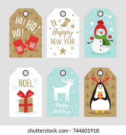 Vector cartoon style set of Christmas and New Year tags with cute holiday characters and symbols: penguin with reindeer horns, mittens and present. 