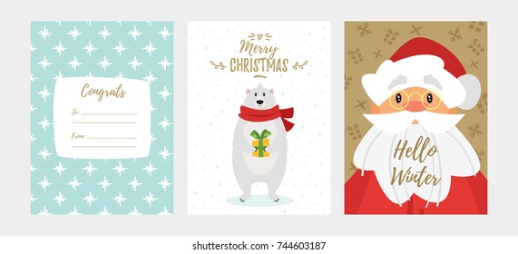 Vector cartoon style set of Christmas and New Year greeting card with cute holiday characters and symbols: Santa Claus and polar bear. 