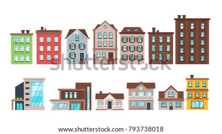 Vector  cartoon style set of city buildings and townhouse apartment exterior
