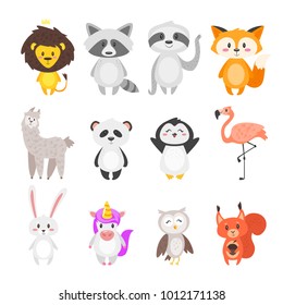 Vector cartoon style set of cute animals, isolated on white background.