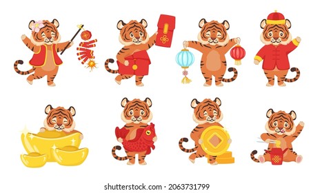 Vector cartoon style set with a cute tiger with the traditional Chinese symbols of New Year. Signs of luck and prosperity. Isolated on white background. 