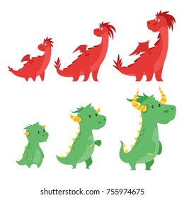 Vector cartoon style set of cute dragons isolated on white background. Stages of growth.
