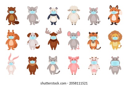 Vector cartoon style set of different animals wearing medical face masks against covid-19. Isolated on white background.