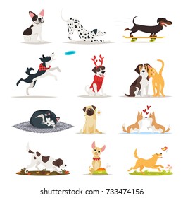 Conjunto de dibujos animados vectoriales de diferentes razas de perros. Perros sentados, comiendo y corriendo. 