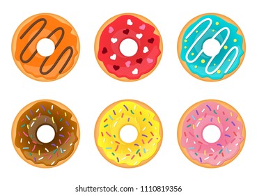 Vector cartoon style set of doughnuts. Colorful snack. Isolated on white background.