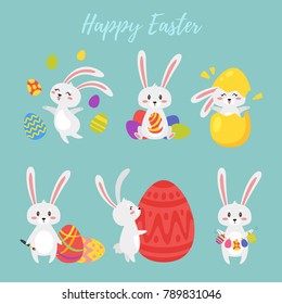 Vector  cartoon style set of Easter bunny in different situations. Holiday colorful eggs.                