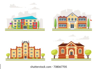 Vector Cartoon Style Set Of Educational Buildings: Kindergarten, School, University, Library, Isolated On White Background