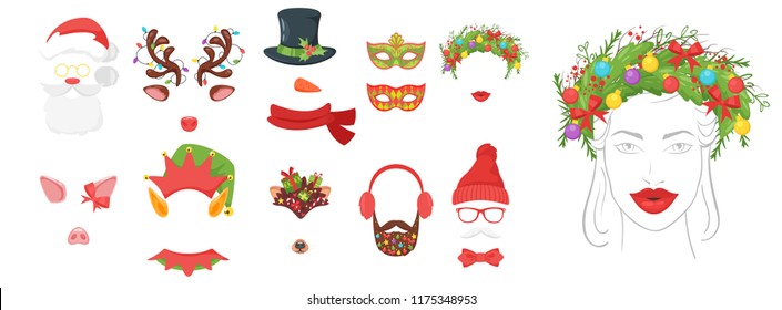 Vector cartoon style set of face element or carnival mask. New year and Christmas decoration item for your selfie photo and video chat filter. Isolated on white background. 