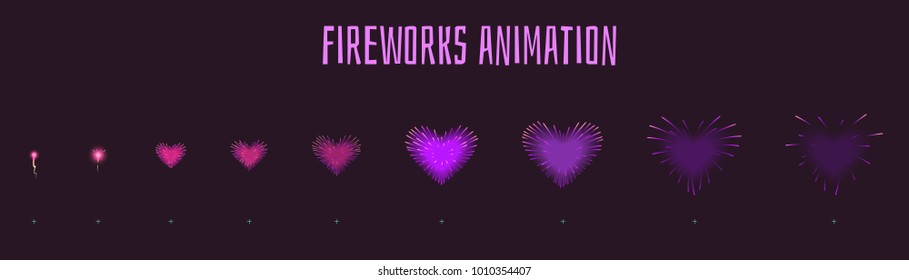 Vector cartoon style set of game violet heartshape fireworks explode effect burst sprites for animation. Game user interface (GUI) element for video games, computer or web design. Explosion frames.