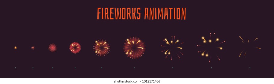 Vector cartoon style set of game red fireworks explode effect burst sprites for animation. Game user interface (GUI) element for video games, computer or web design. Explosion frames.