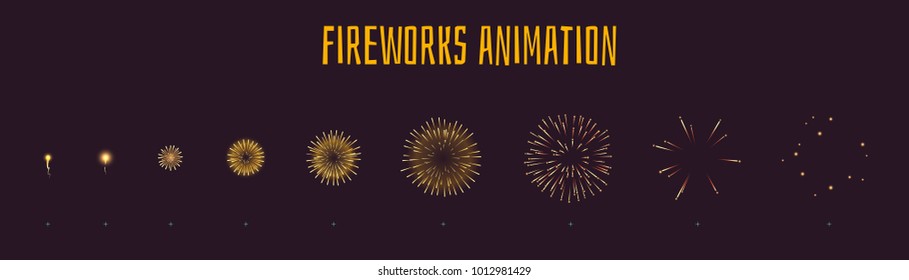 Vector cartoon style set of game yellow fireworks explode effect burst sprites for animation. Game user interface, GUI, element for video games, computer or web design. Explosion frames.