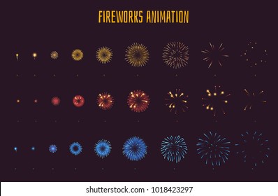 Vector cartoon style set of game fireworks explode effect burst sprites for animation. Game user interface (GUI) element for video games, computer or web design. Explosion frames.