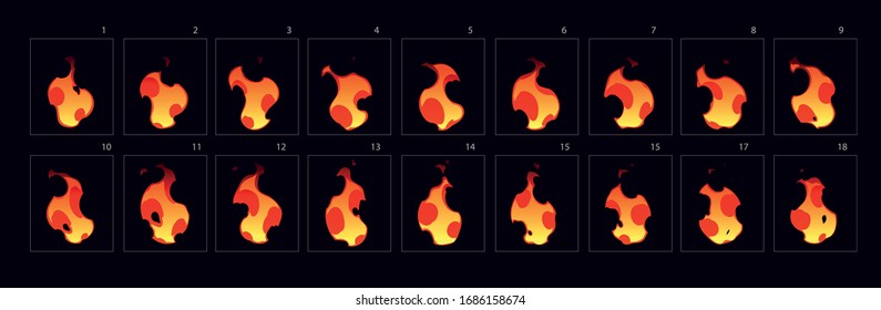 Vector cartoon style set of game camp fire sprites for animation. Fire explode effect sprite sheet. Fire explosion.-vector