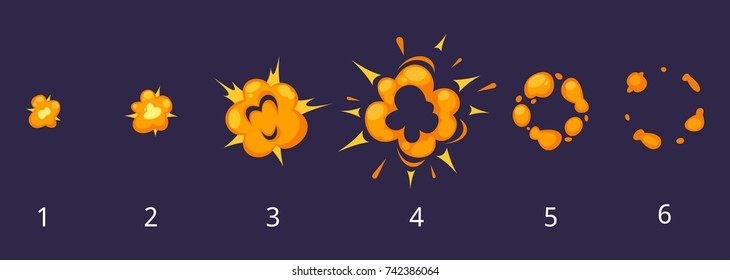 Vector Cartoon Style Set Of Game Fire Explode Effect Burst Sprites For Animation. Game User Interface (GUI) Element For Video Games, Computer Or Web Design. Explosion Frames.