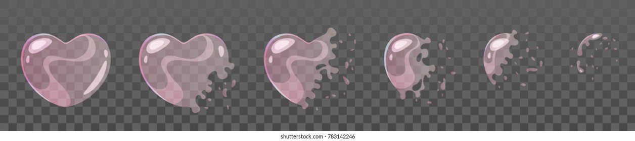 Vector cartoon style set of game soap heart shape pink bubble burst sprites for animation. Game user interface (GUI) element for video games, computer or web design.