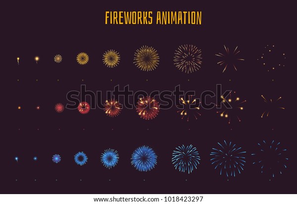 Vector cartoon
style set of game fireworks explode effect burst sprites for
animation. Game user interface (GUI) element for video games,
computer or web design. Explosion
frames.