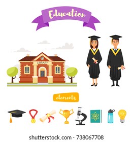 Vector cartoon style set of graduate icon, building and characters graduates cute boy an girl isolated on white background
