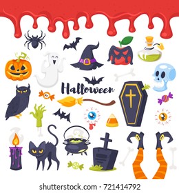 Vector cartoon style set of Halloween icons. Isolated on white background.