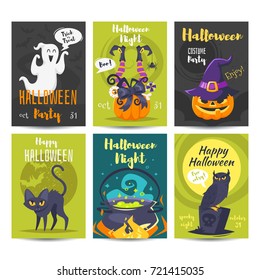 Vector cartoon style set of Halloween poster design template with holiday symbols.