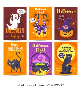 Vector cartoon style set of Halloween poster design template with holiday symbols.